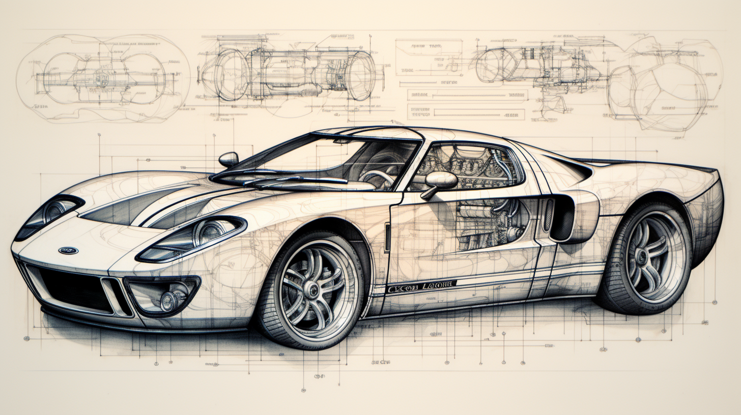 Pencil Sketch of Ford GT Technical Sheet