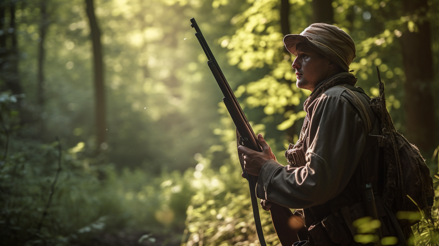 Hunter aiming rifle in forest