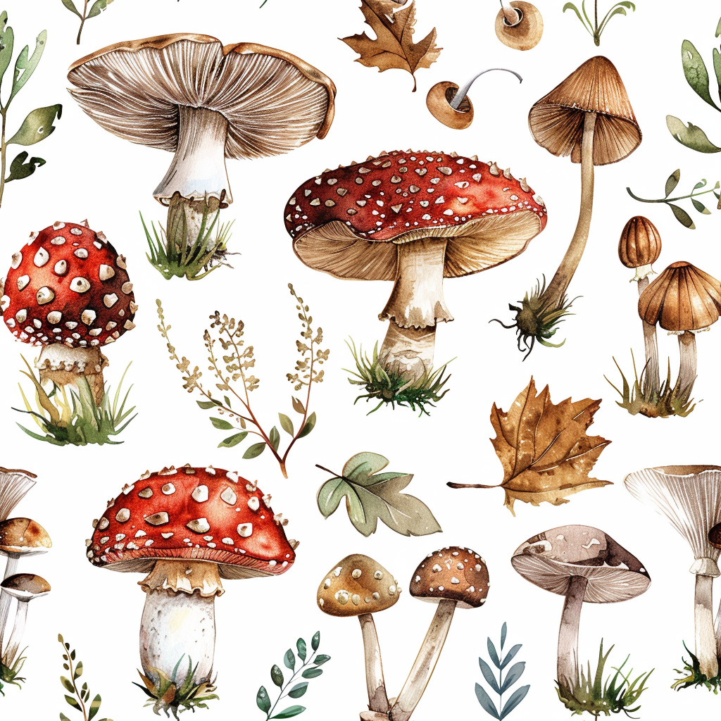 forest mushrooms watercolor pattern