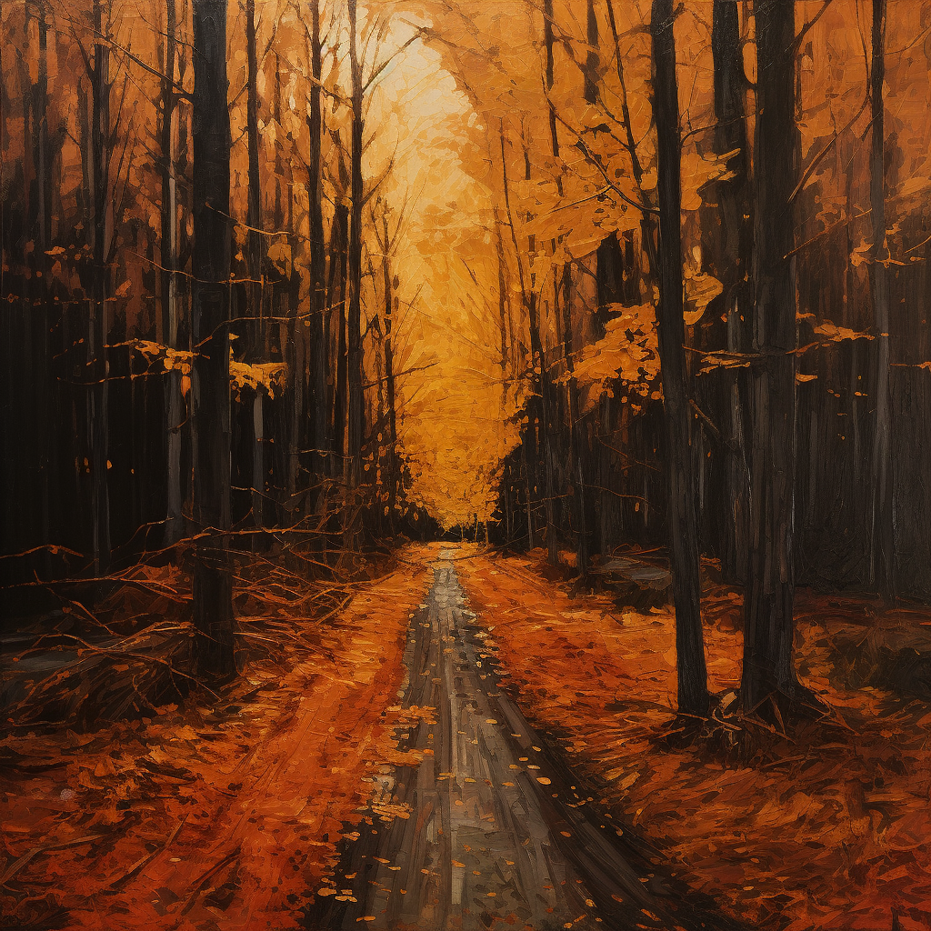 Autumn forest road with orange and black trees