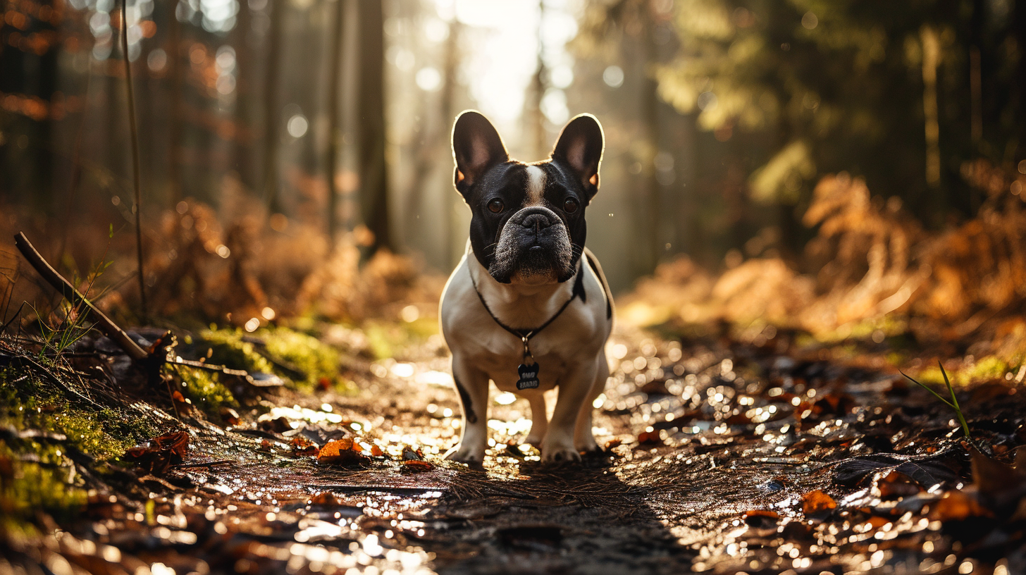 French Bulldog enjoying a walk in the forest