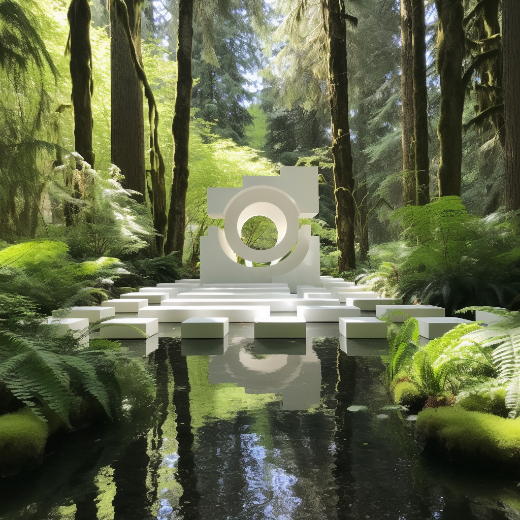 Tranquil forest yard pond with marble sculpture