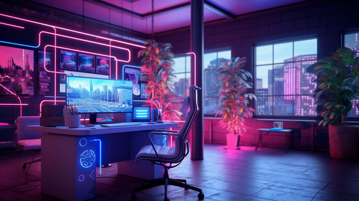 Colorful forex office with neon decor