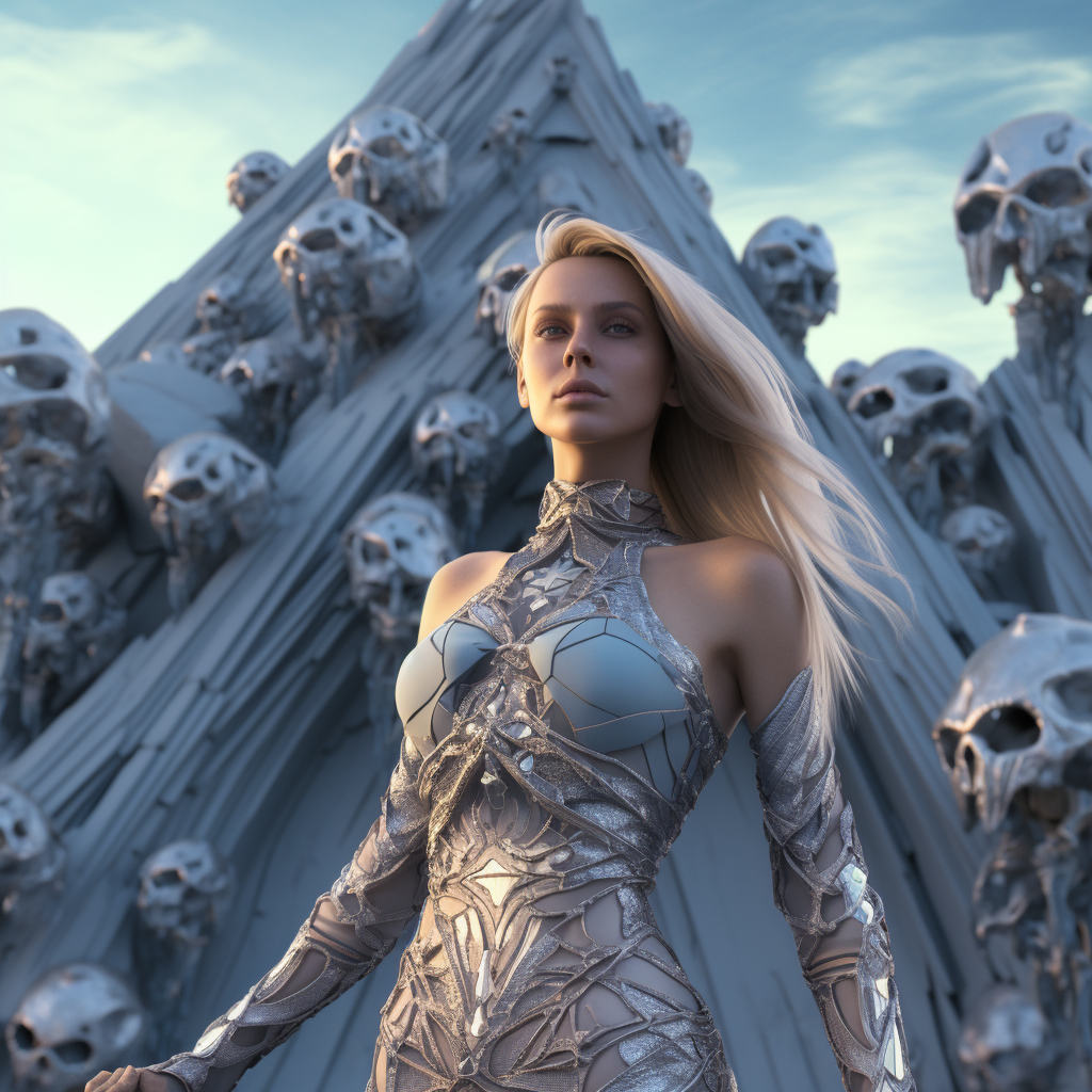 Freyja standing on icy mountain surrounded by skulls