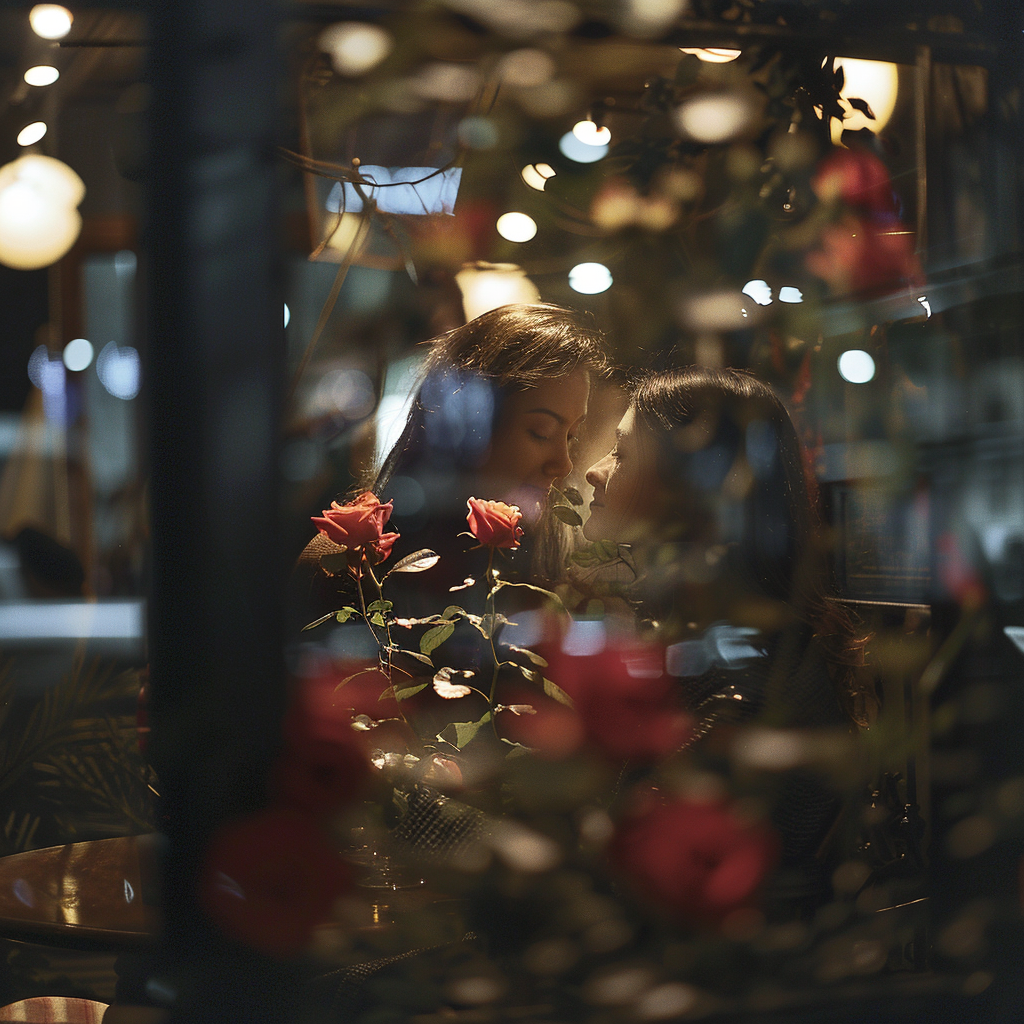 Woman Playing with Roses at Night