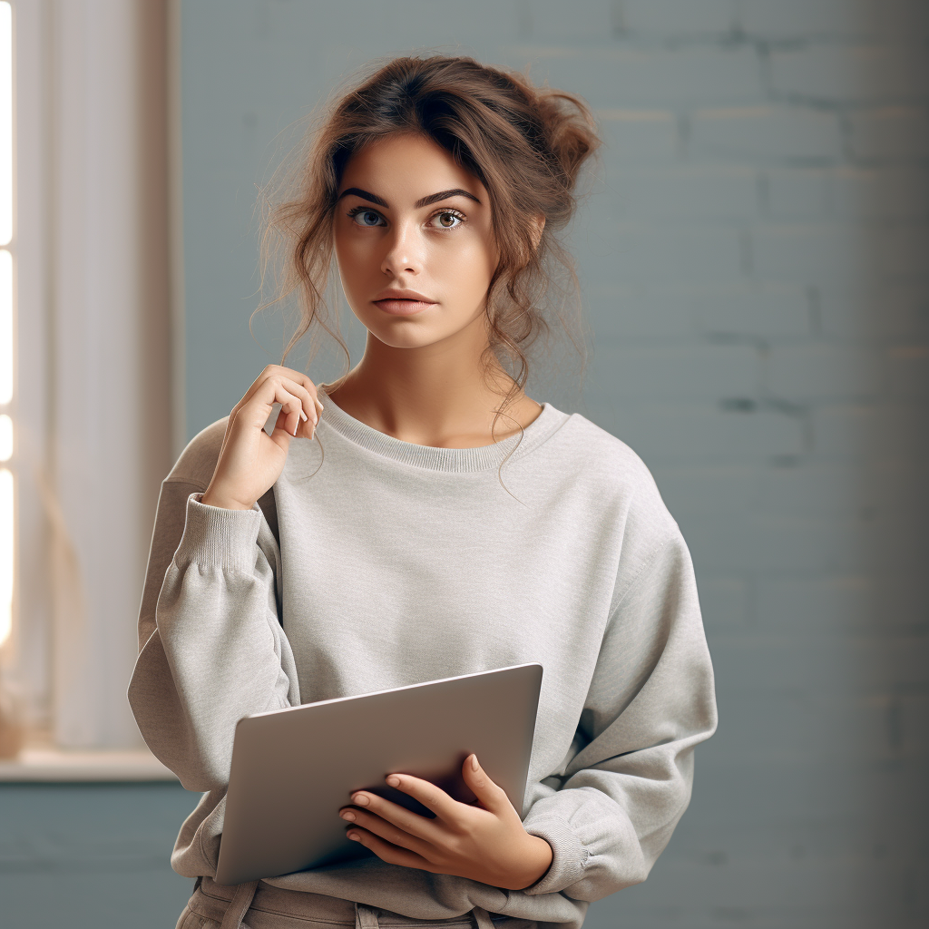 Friendly girl thinking with laptop  ?