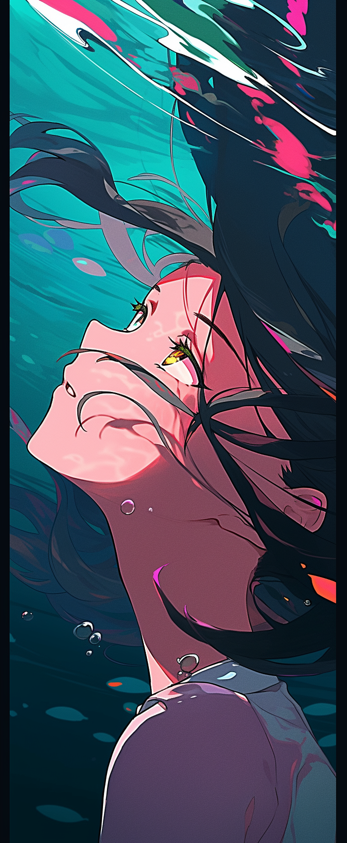 Frightened girl swimming underwater with side view