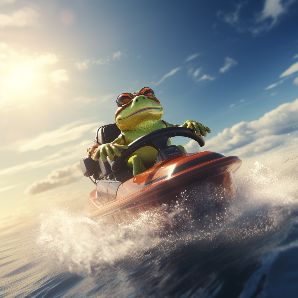 Adventurous frog riding a jet ski