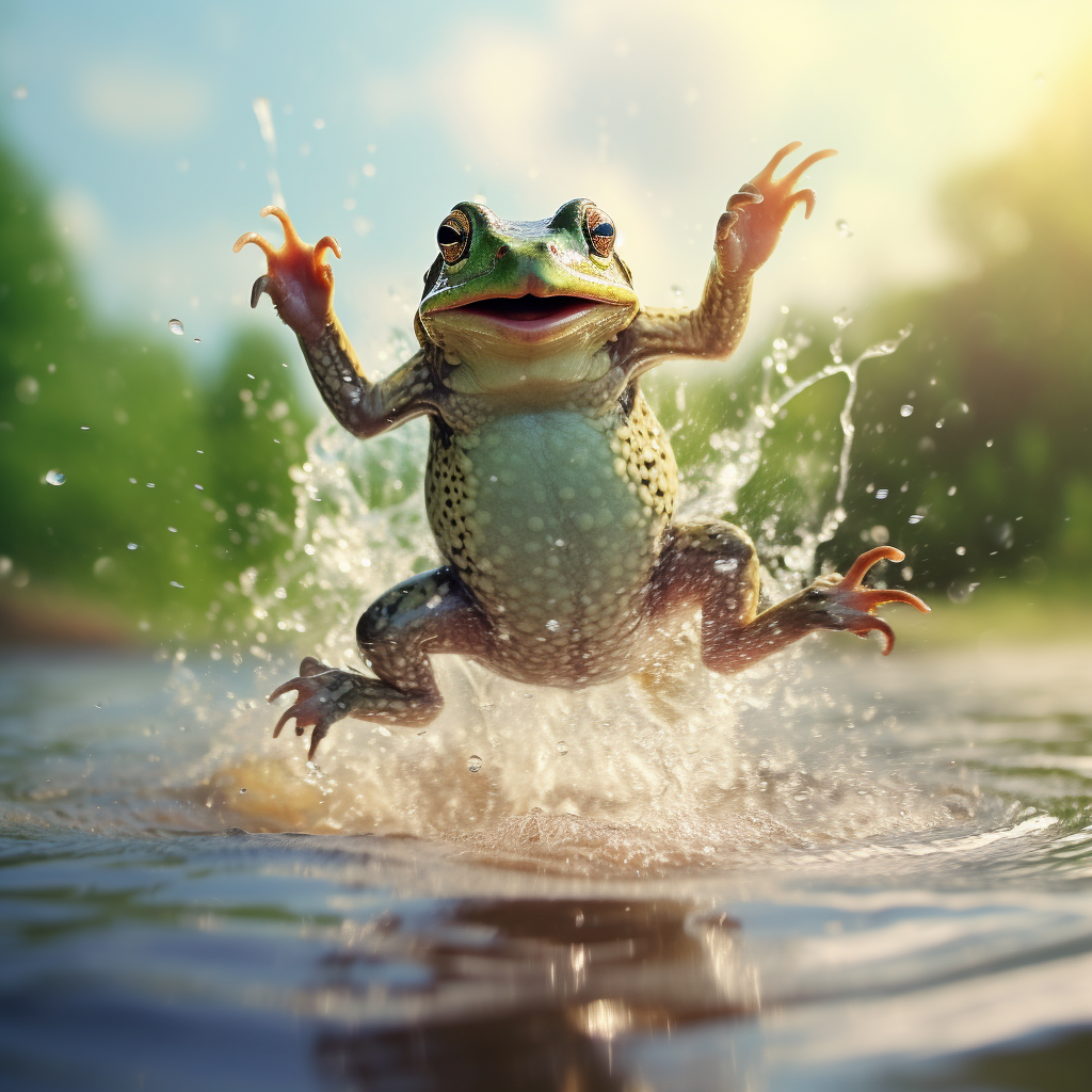 Frog jumping out water