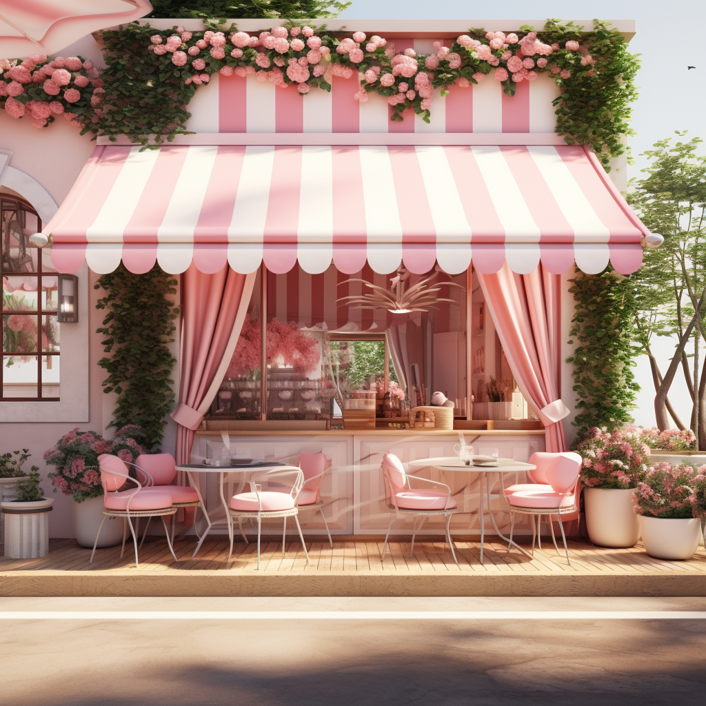 Charming cafe bar with pink hues and greenery