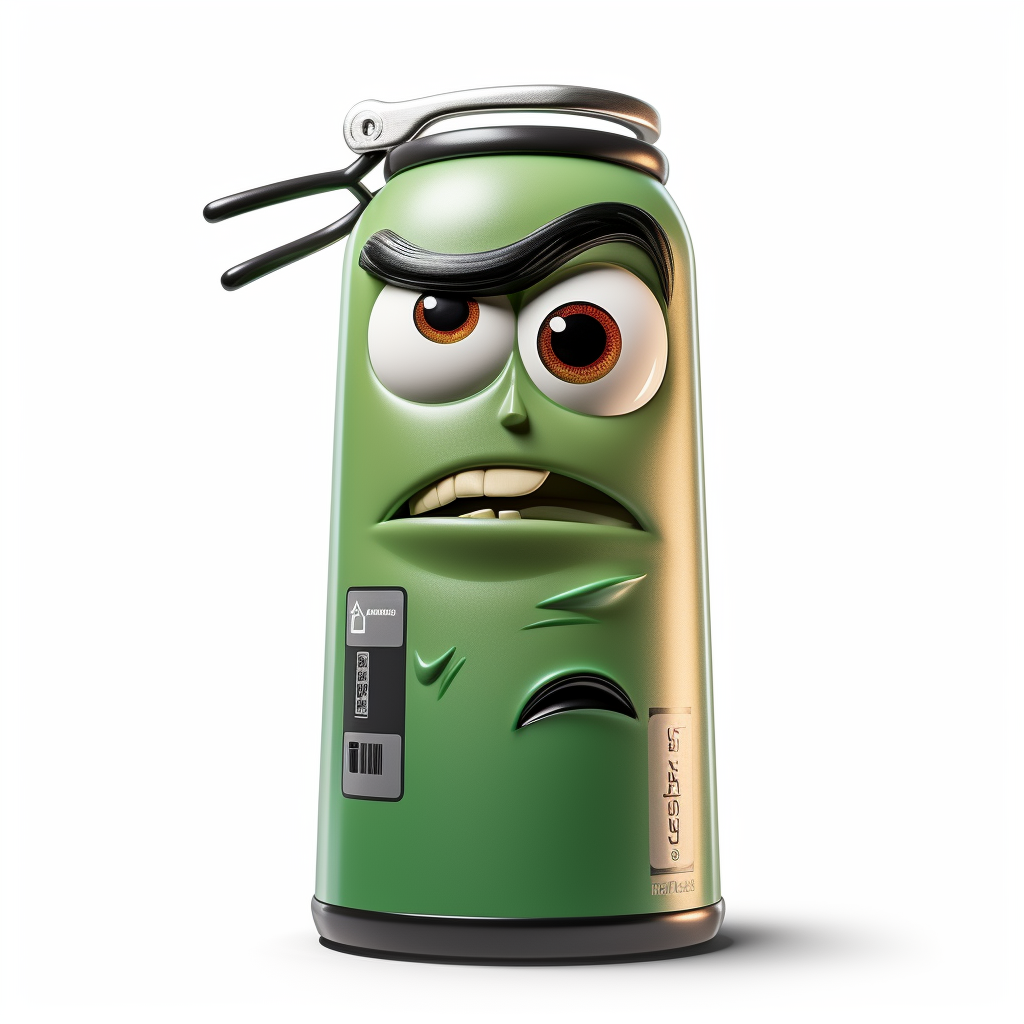 Frowning male head with green Stanley thermos and chainsaw