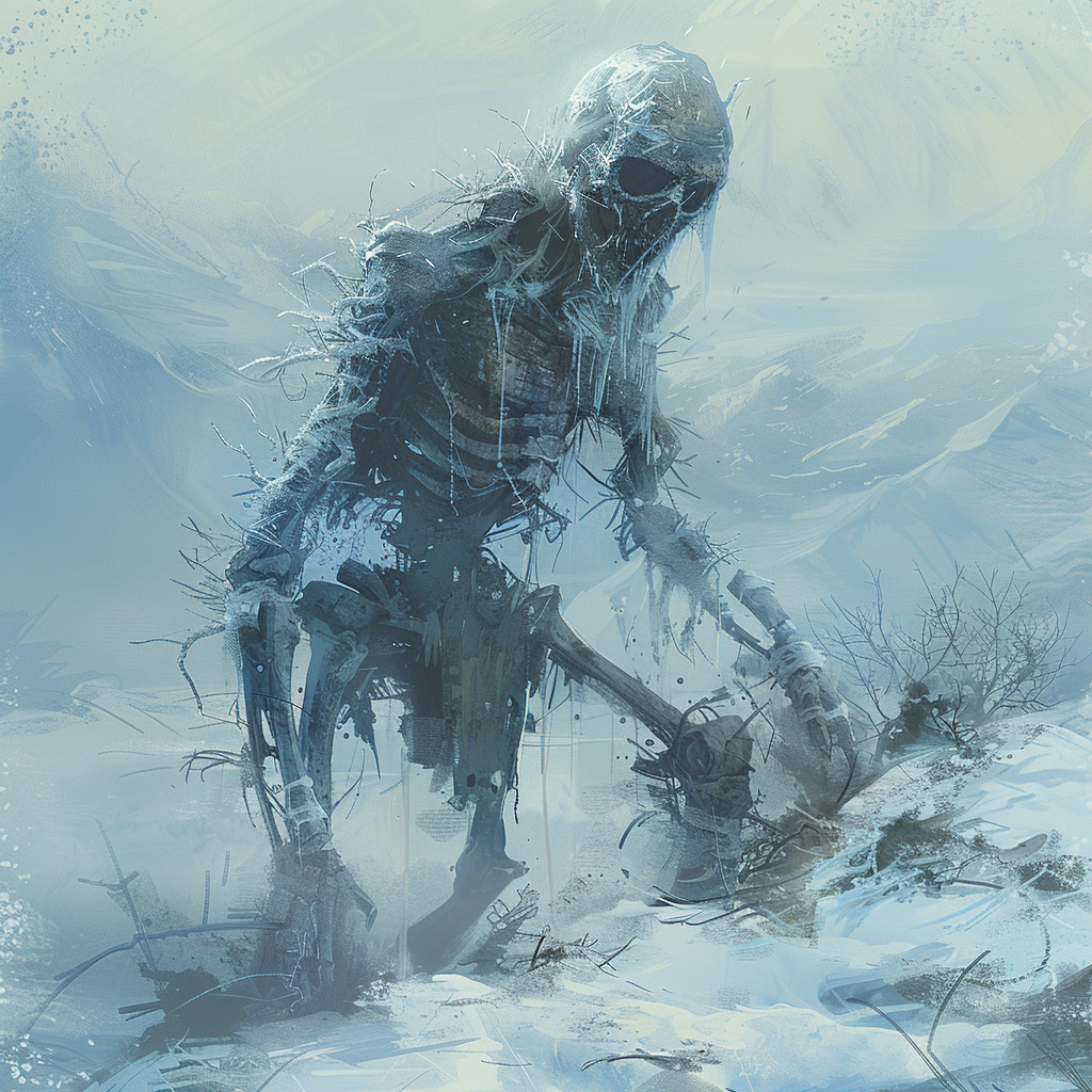 Frozen undead creature in wintry landscape