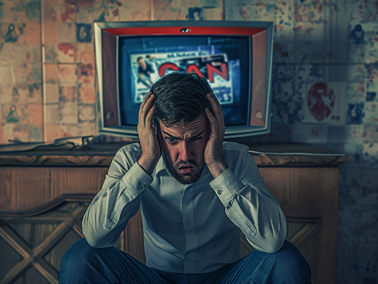 Frustrated man watching TV CNN News