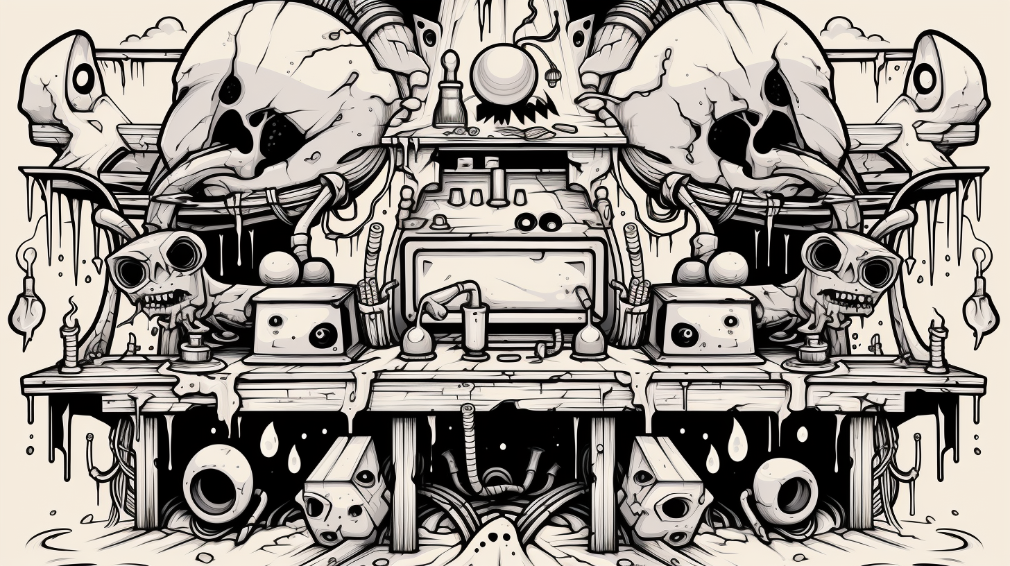 Cartoonish marker drawing of funny odd tekno alchemic lab