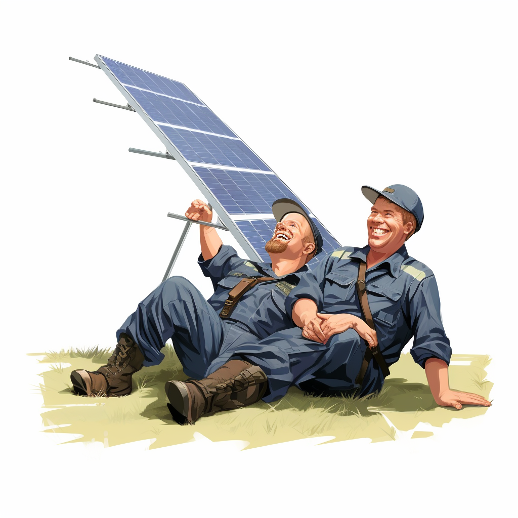 Funny photovoltaic technicians laying on grass