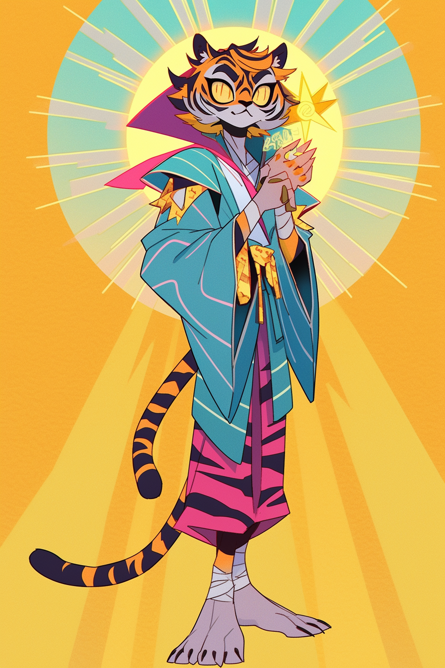 Furry tiger superhero wearing ninja outfit in Art Deco style