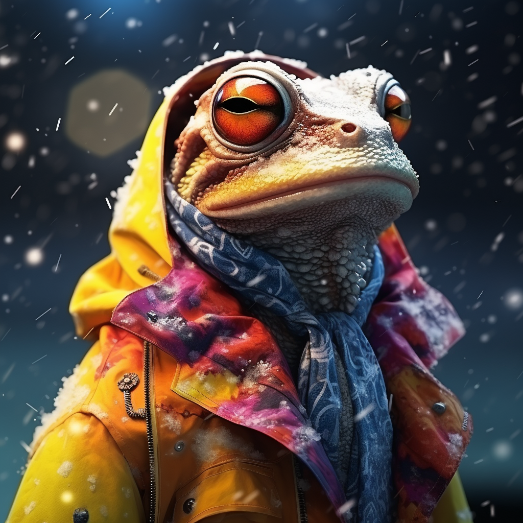 Futurist Frog in Rubber Suit Snow Storm