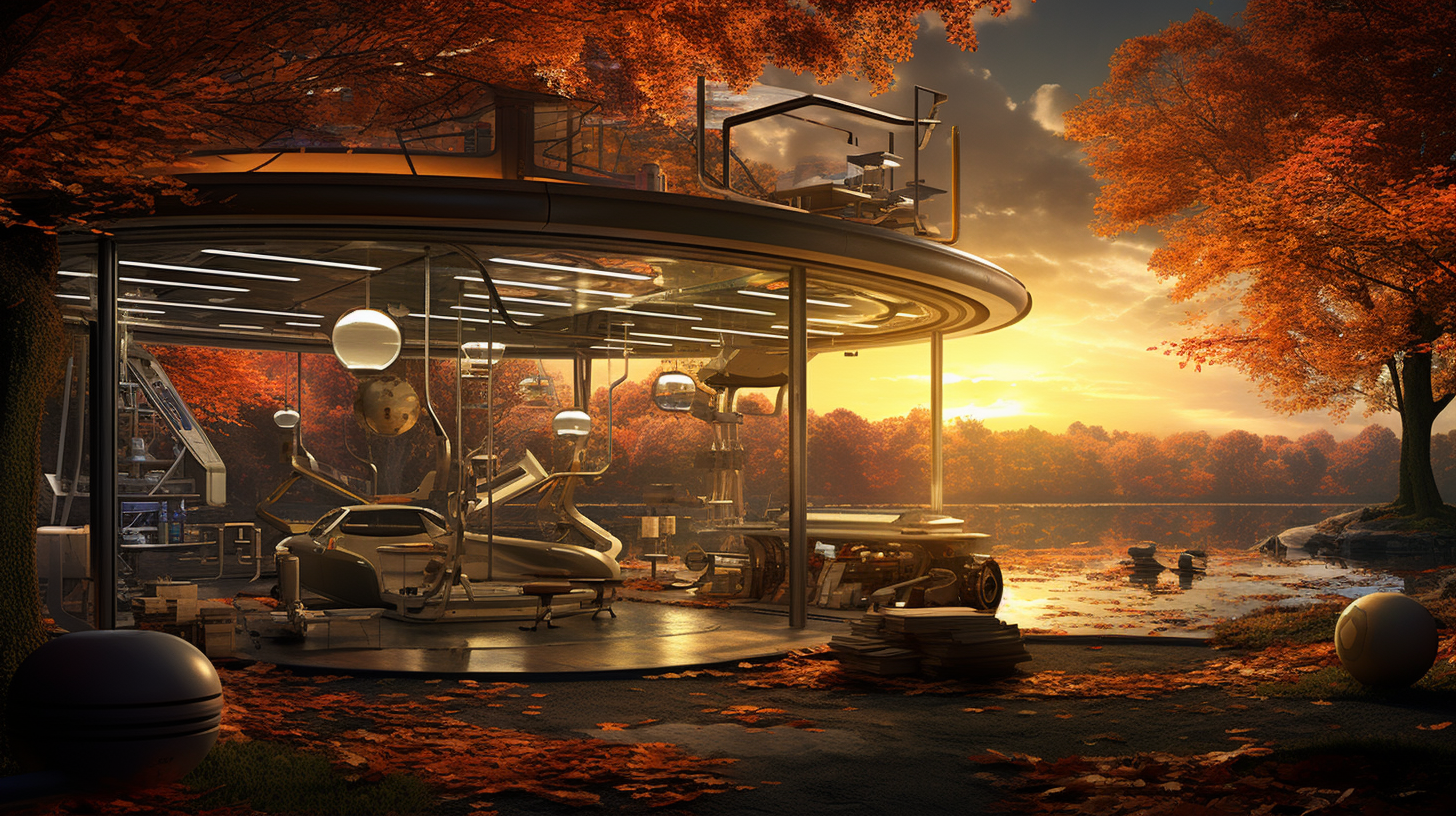 Futuristic Car Repair Shop in Autumn with Sunset