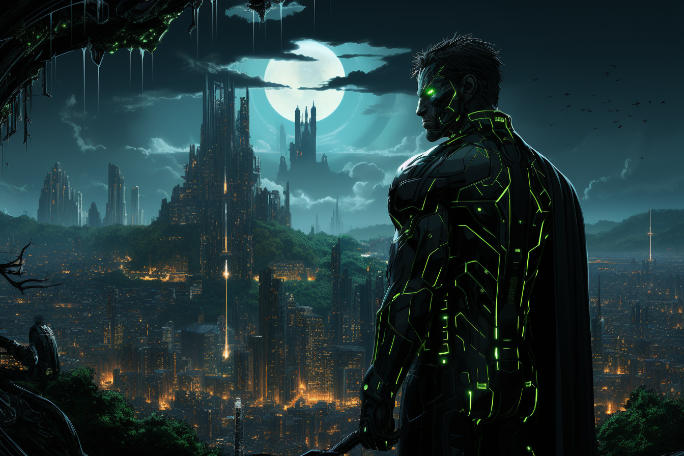 Futuristic city jedi with green neon outline