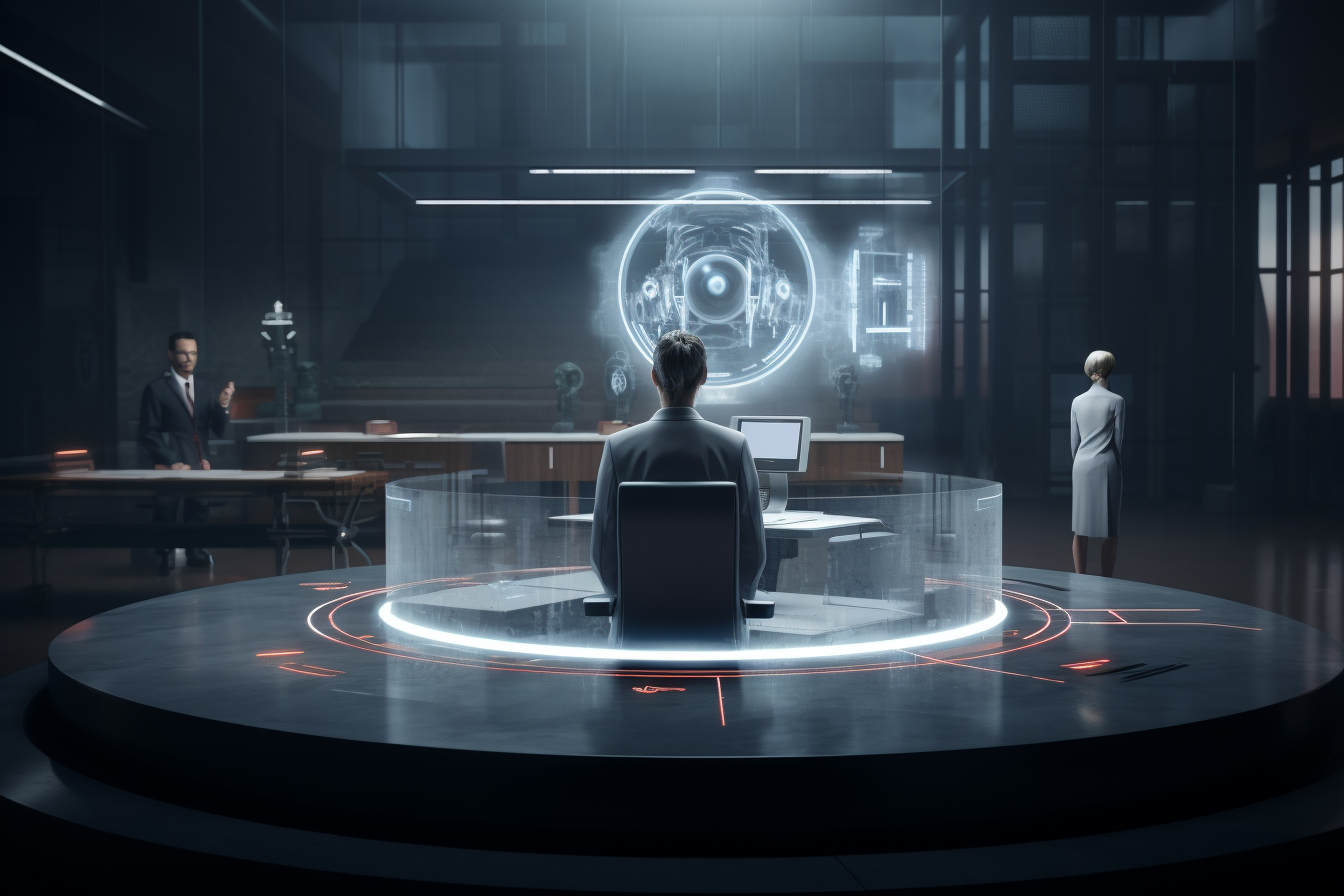 Futuristic Courtroom with Judge, Convict, and Lawyer