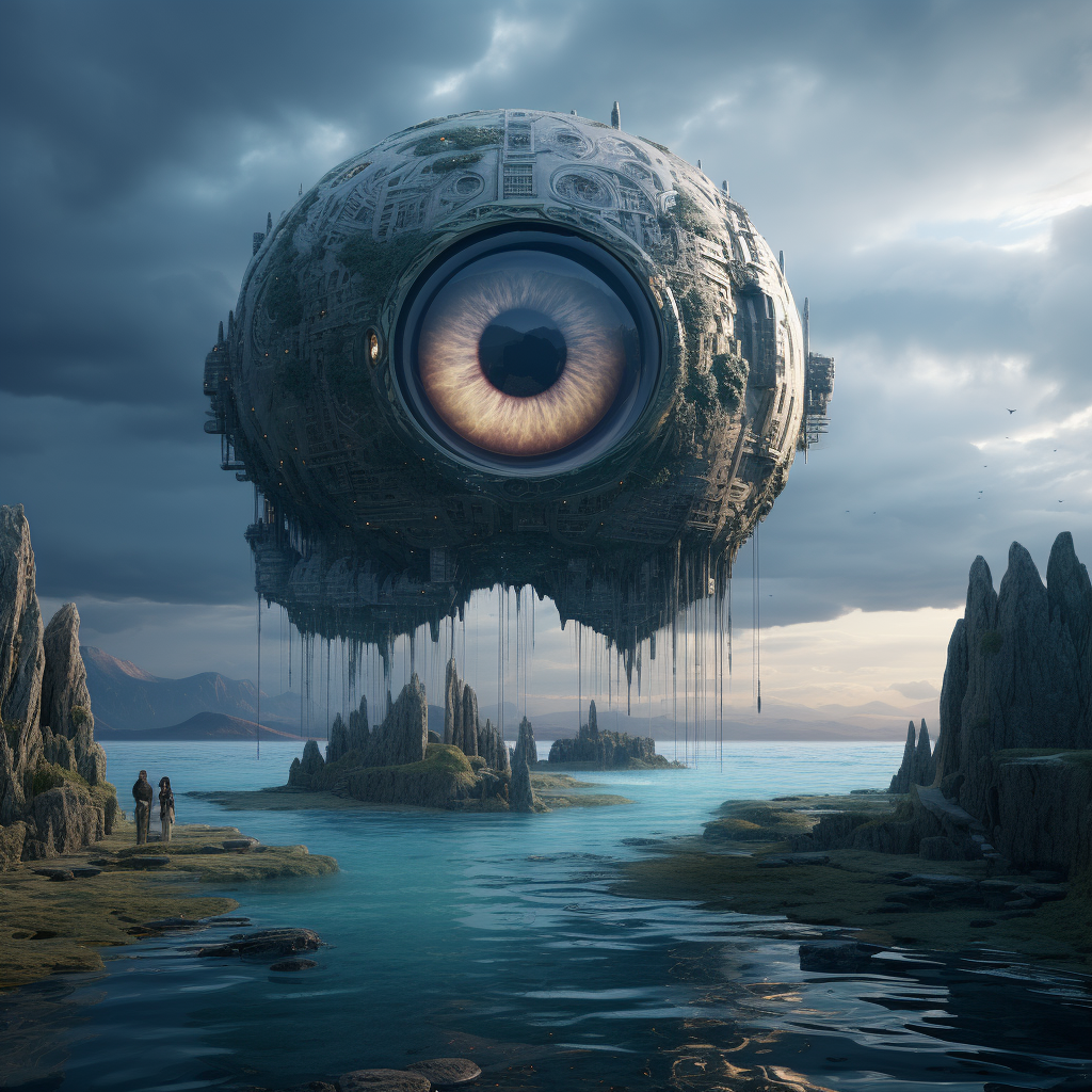 Futuristic landscape with huge eyes, ocean, cinematic lighting