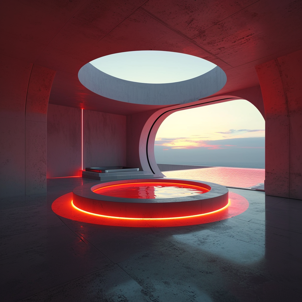 Neon red luxury spa room with circular pool