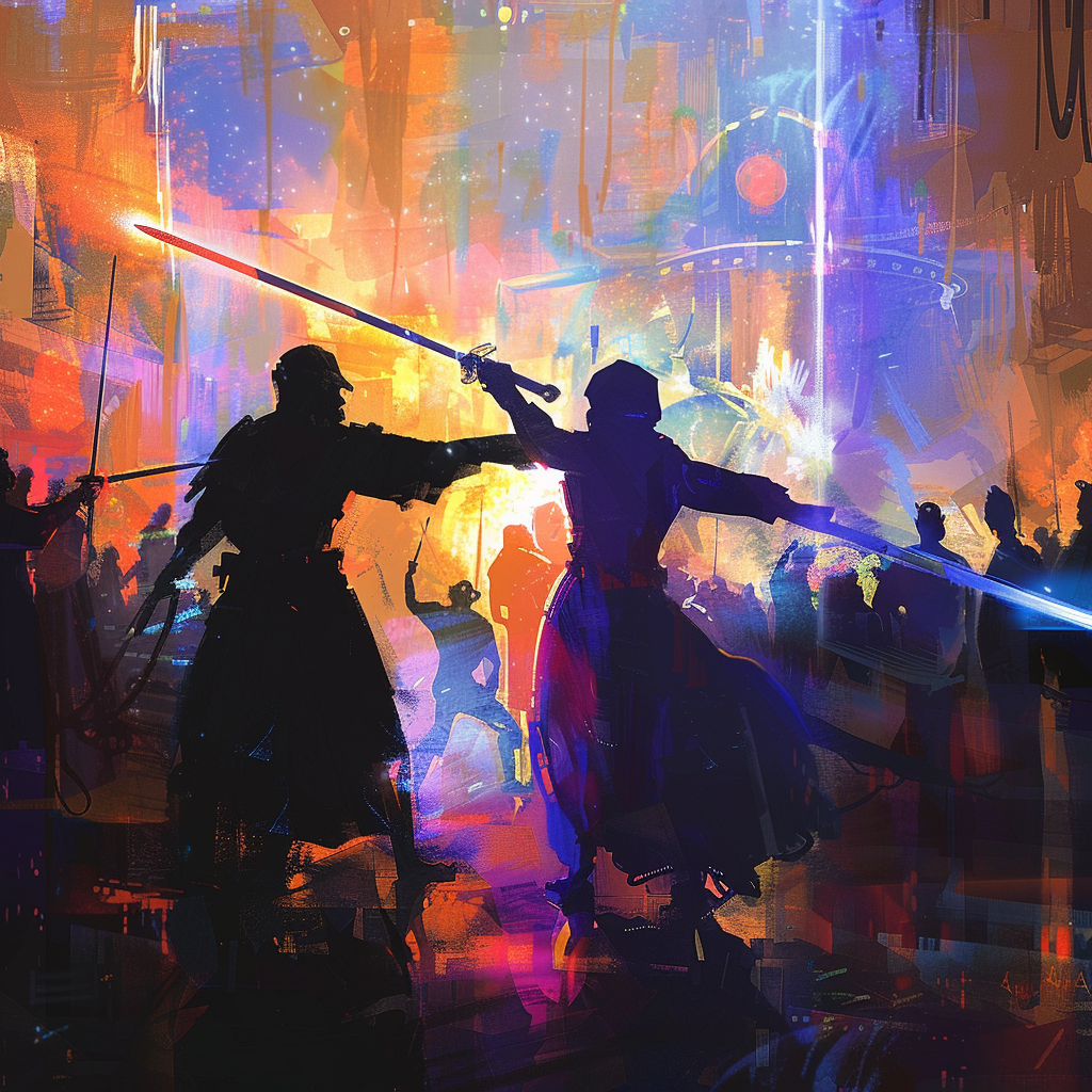 two silhouettes dueling swords crowd