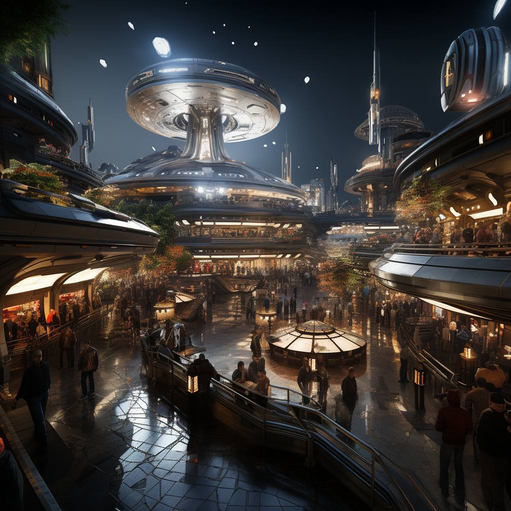 Futuristic starship in Coruscant trade center plaza