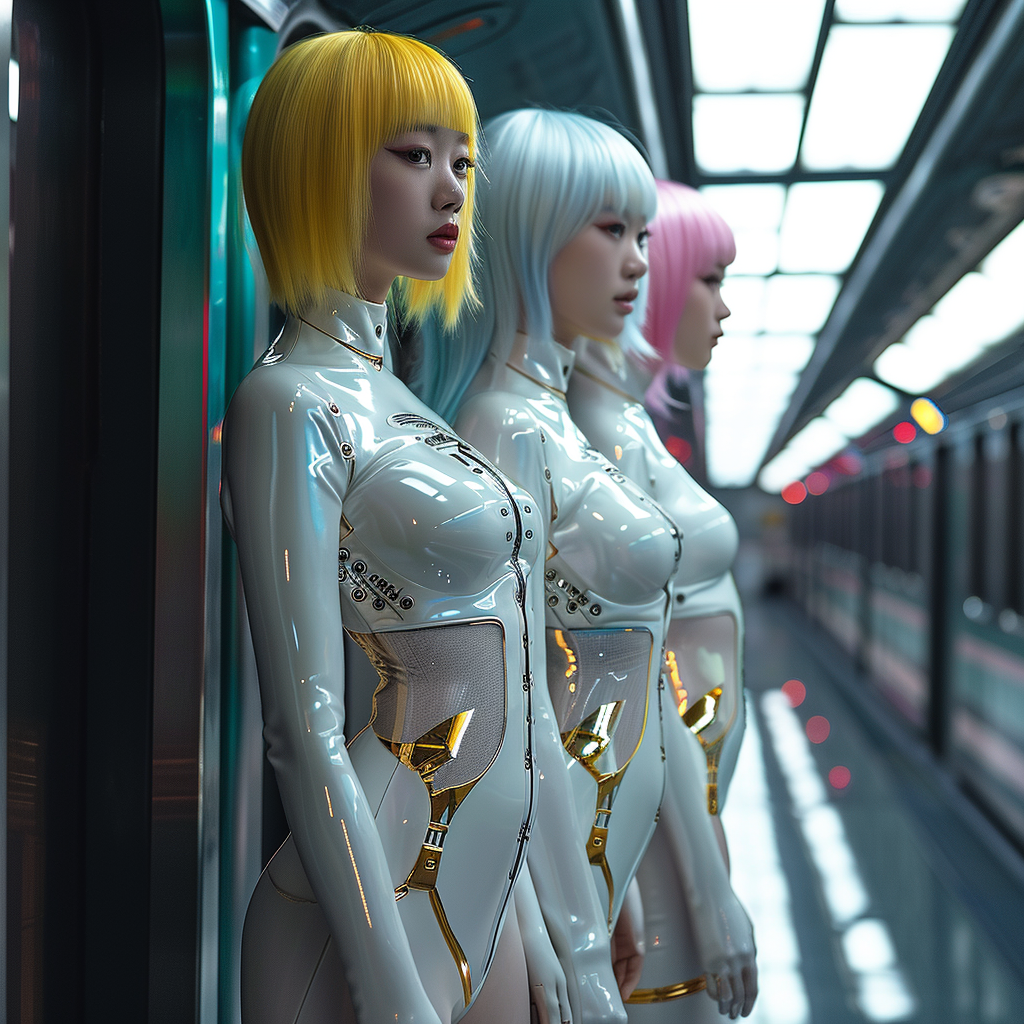 Three Gorgeous Asian Robots Girls in Futuristic Bullet Train