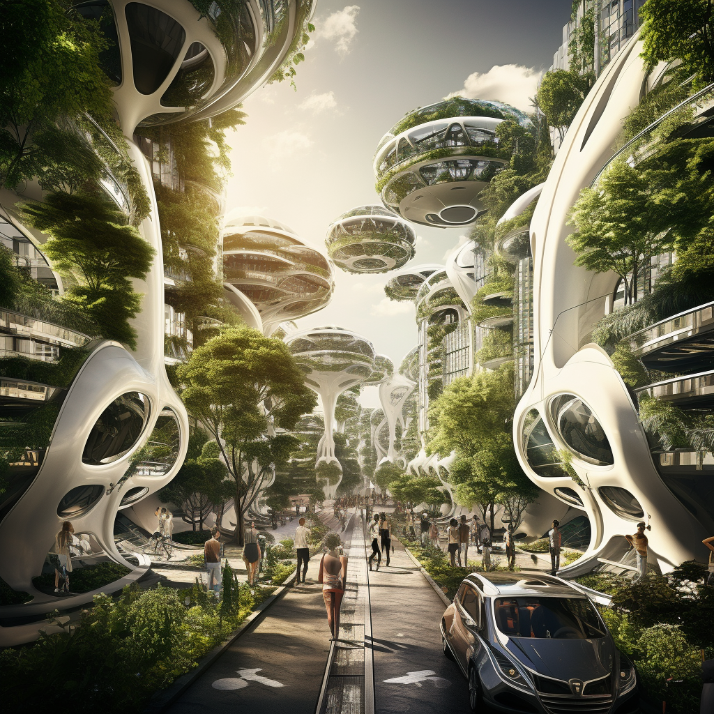 Futuristic cityscape with life pods and nodes