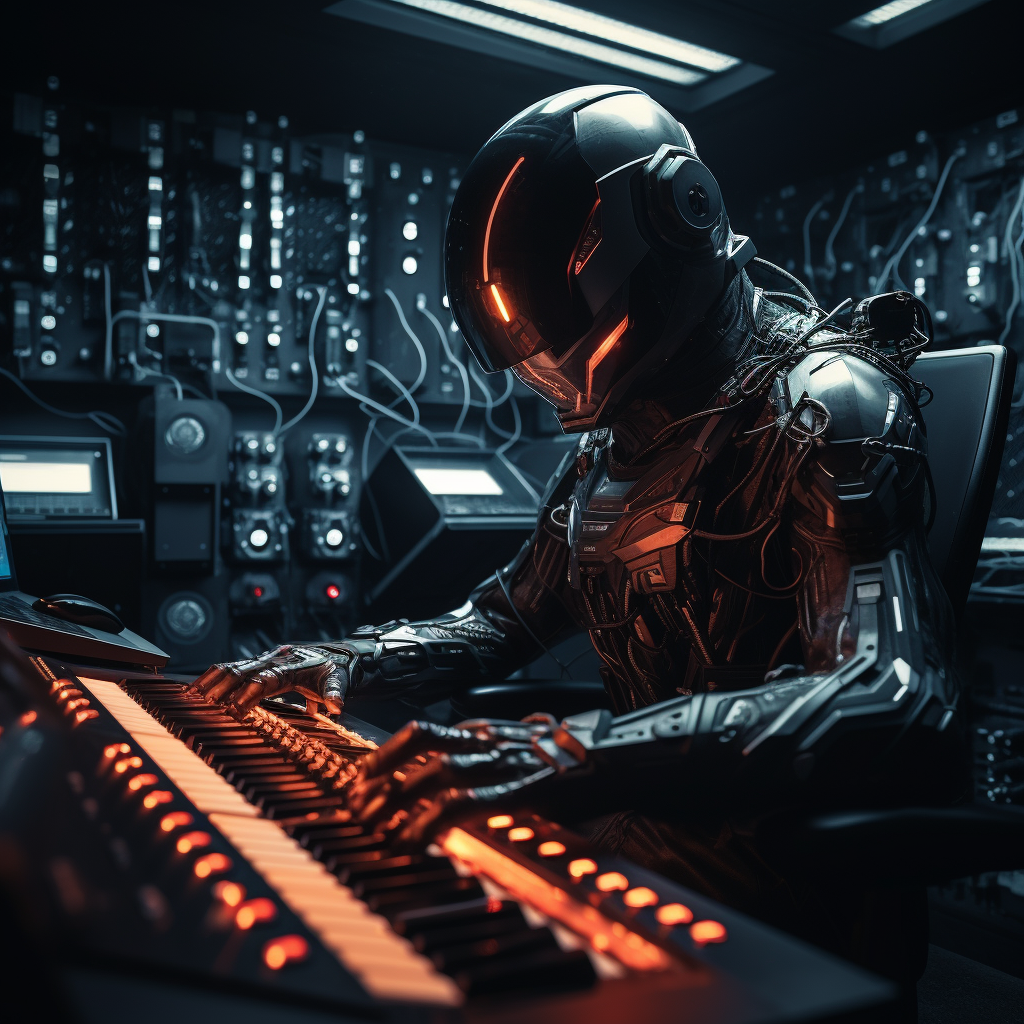 Futuristic robot tweaking knobs in music studio