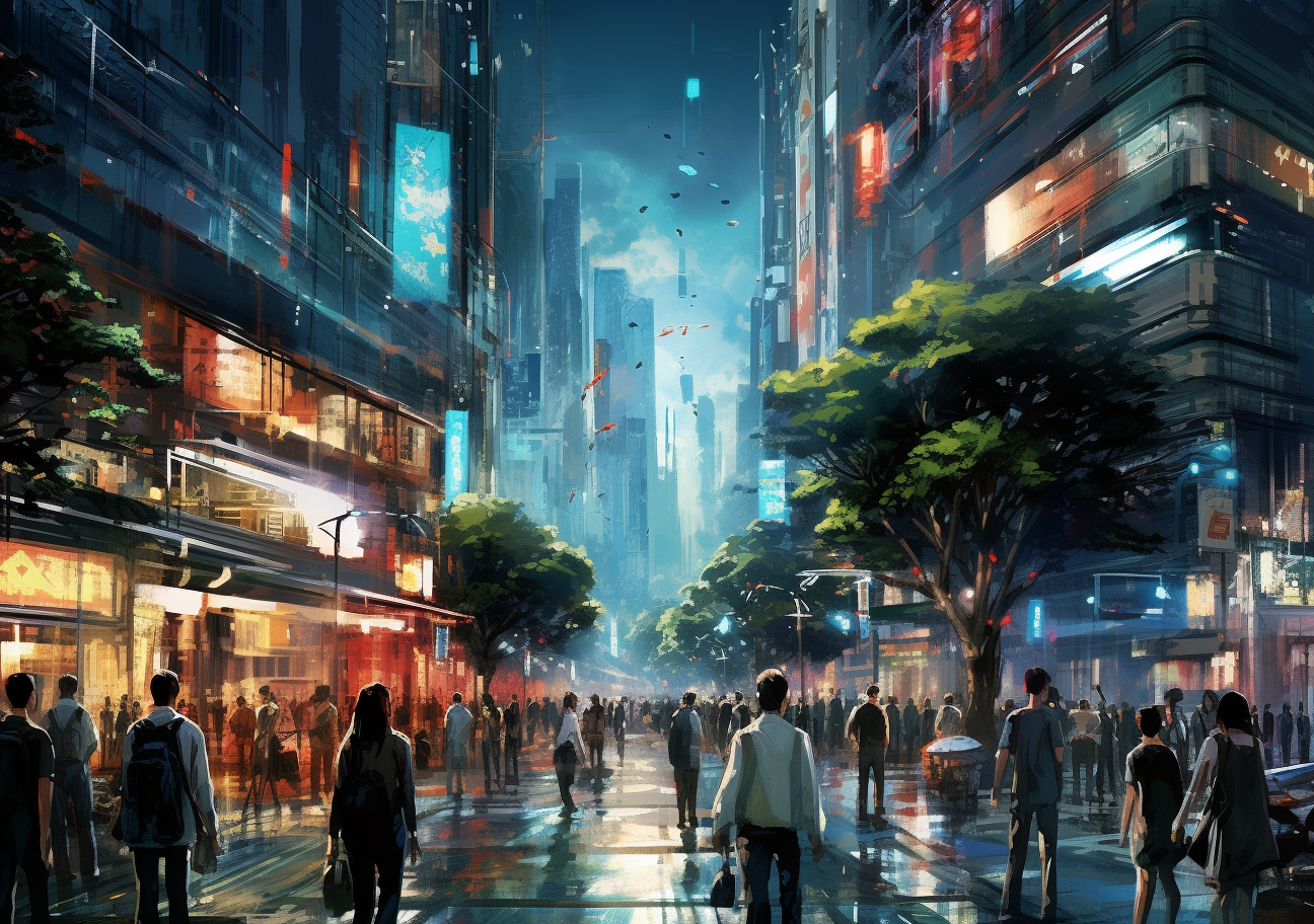 Artistically painted futuristic Tokyo street with robots