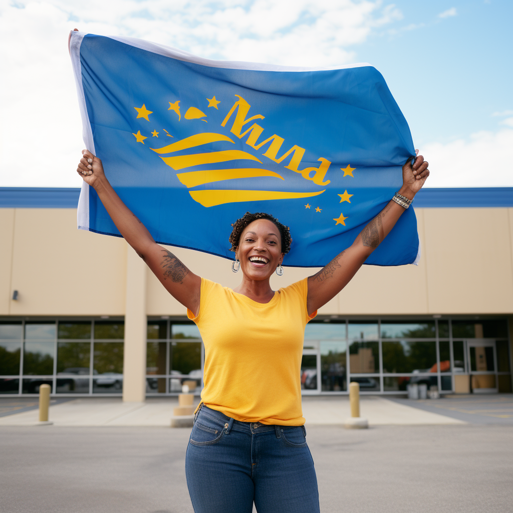 Gail Lewis proudly lifting a Walmart flag