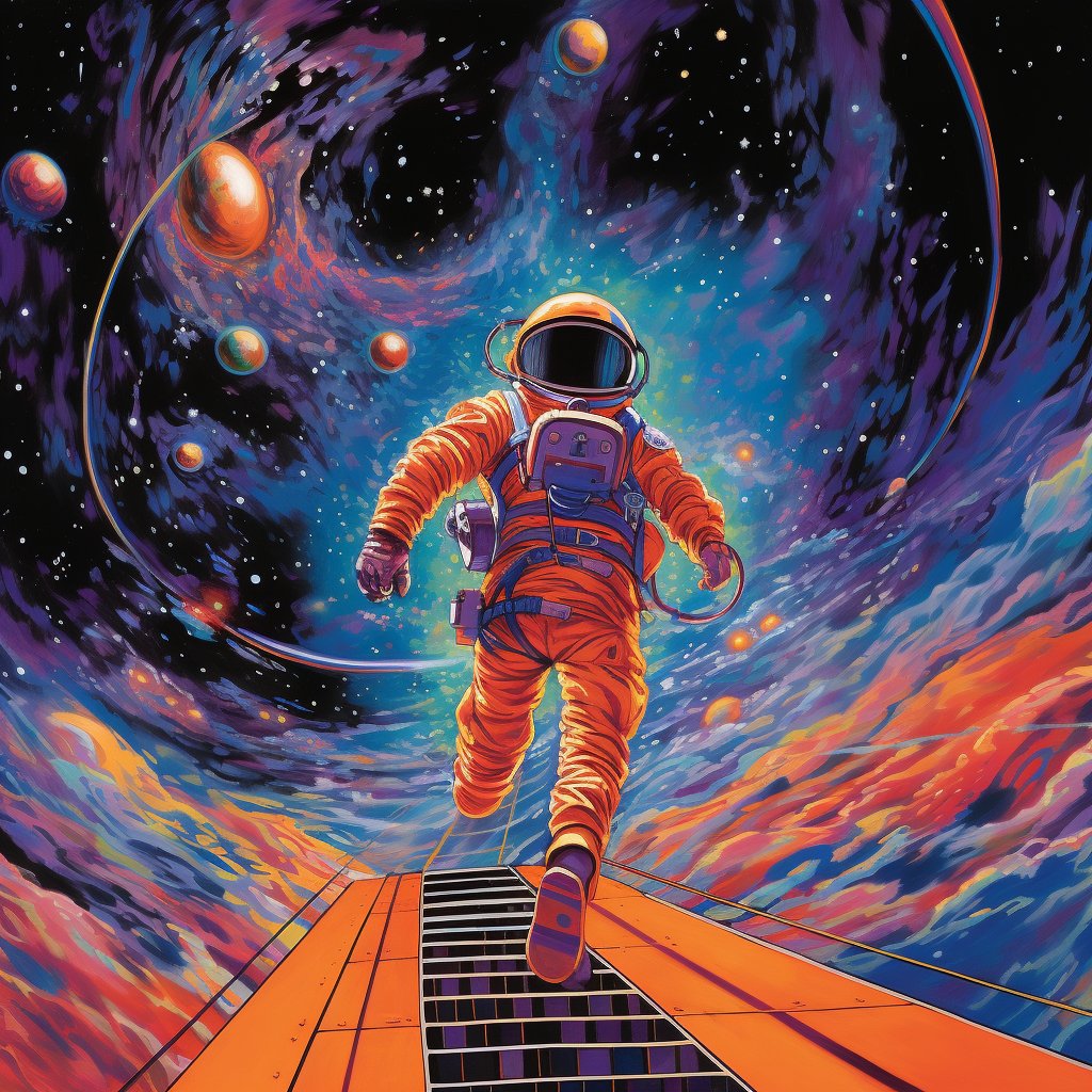 Roaming cosmonaut in psychedelic space journey