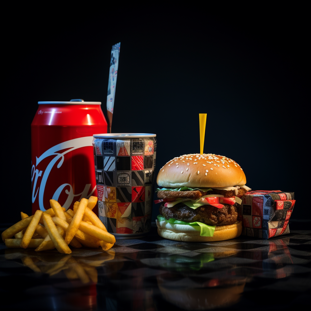 Photorealistic image of Gan Rubix cube, coke, burger, and movie tickets