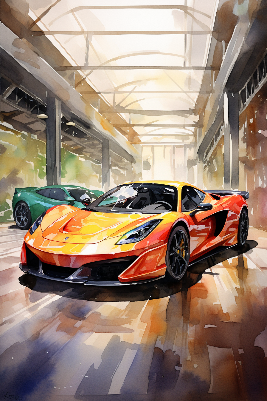 Watercolor rendering of luxury supercars parked in a garage