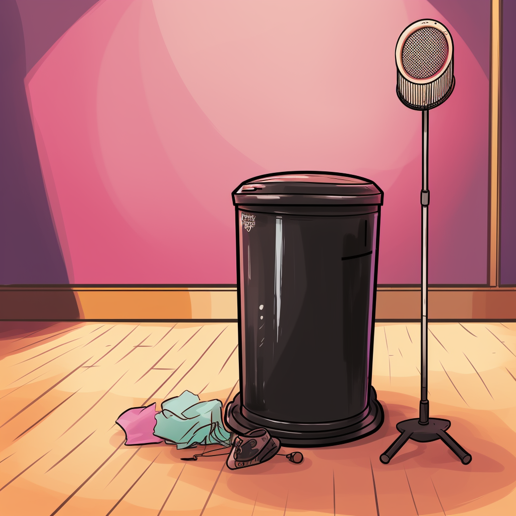 Garbage can and microphone stand side by side