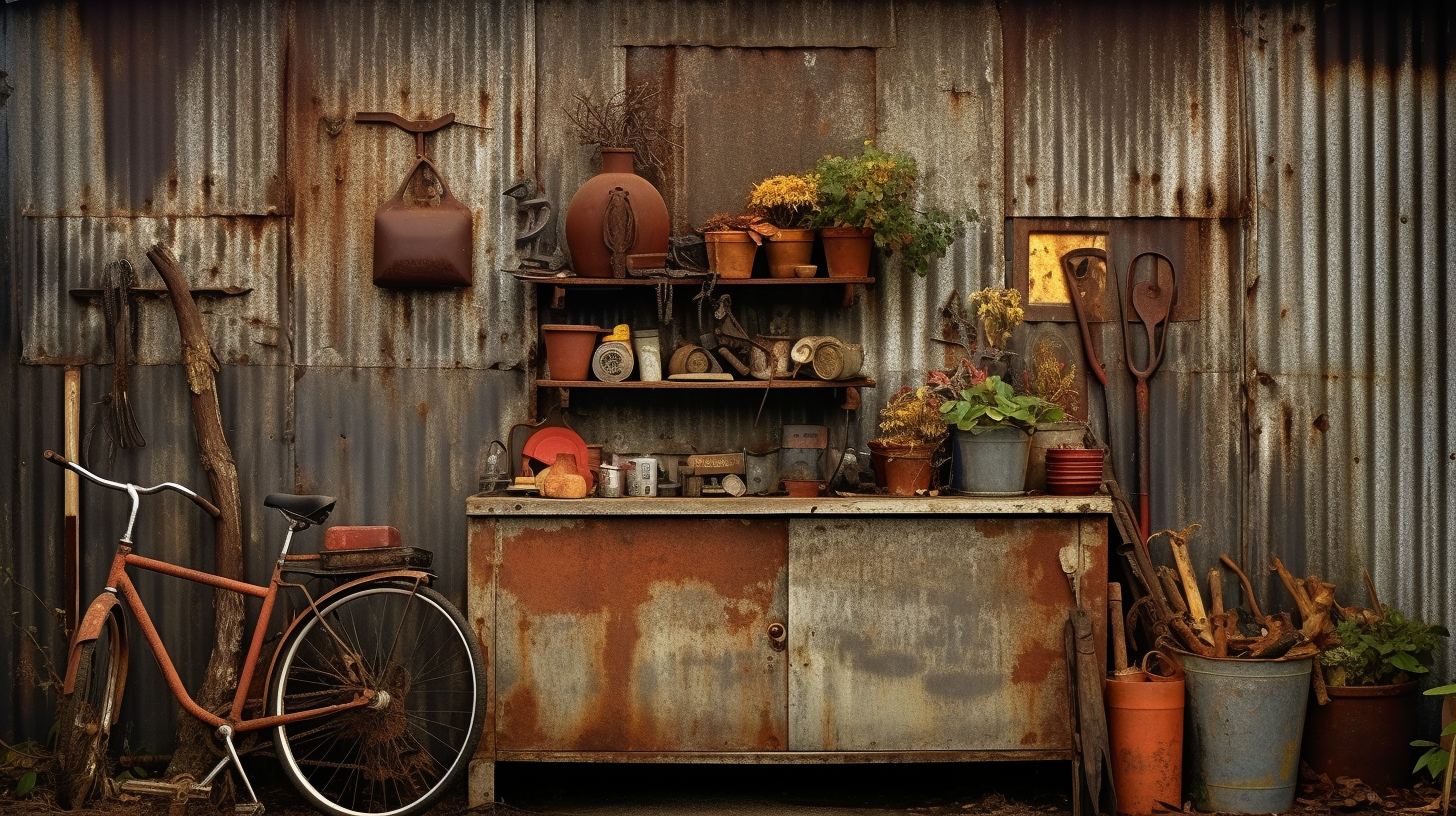 Rusty shed with garden tools