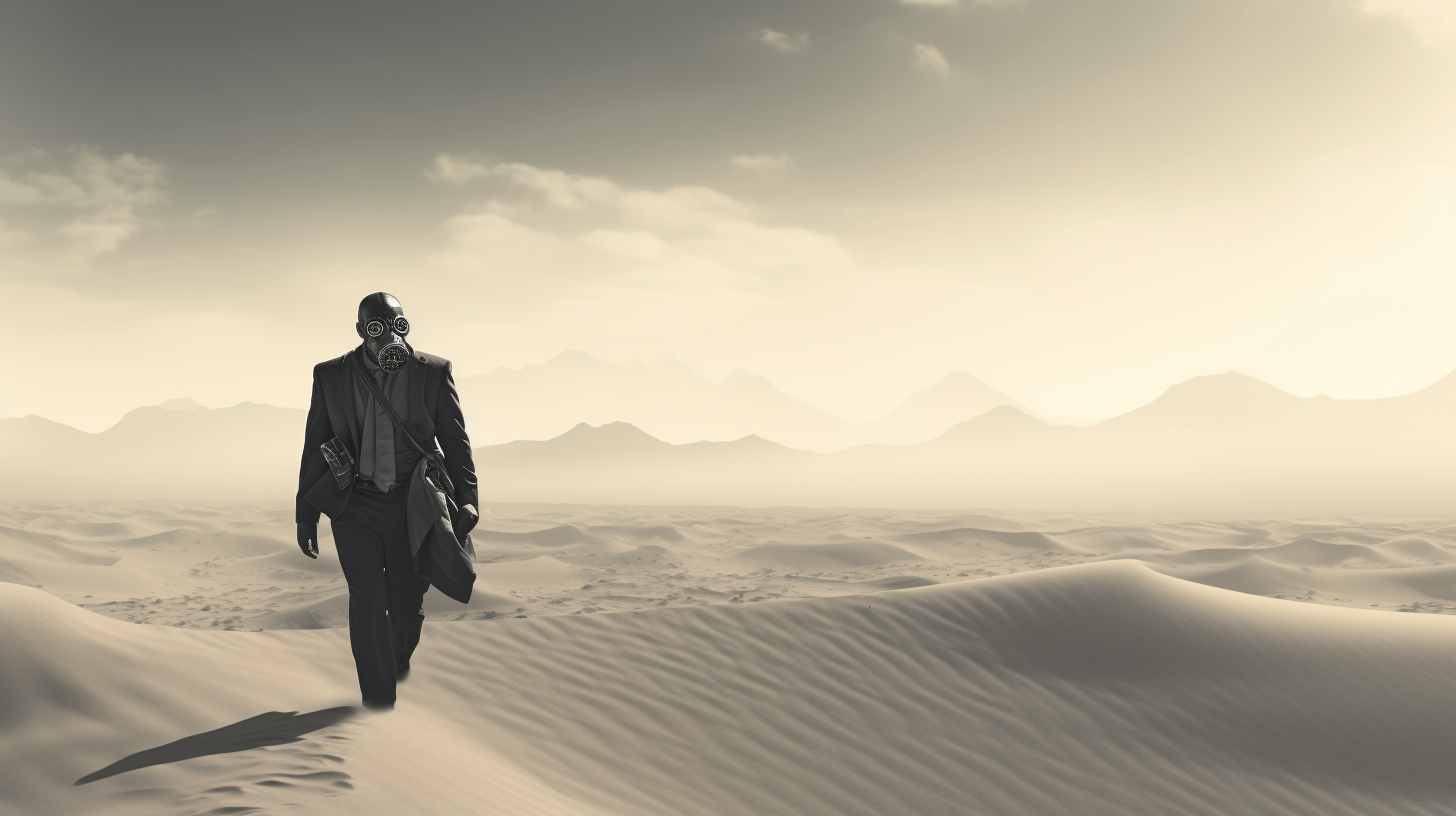 Man in gas mask walking through desert