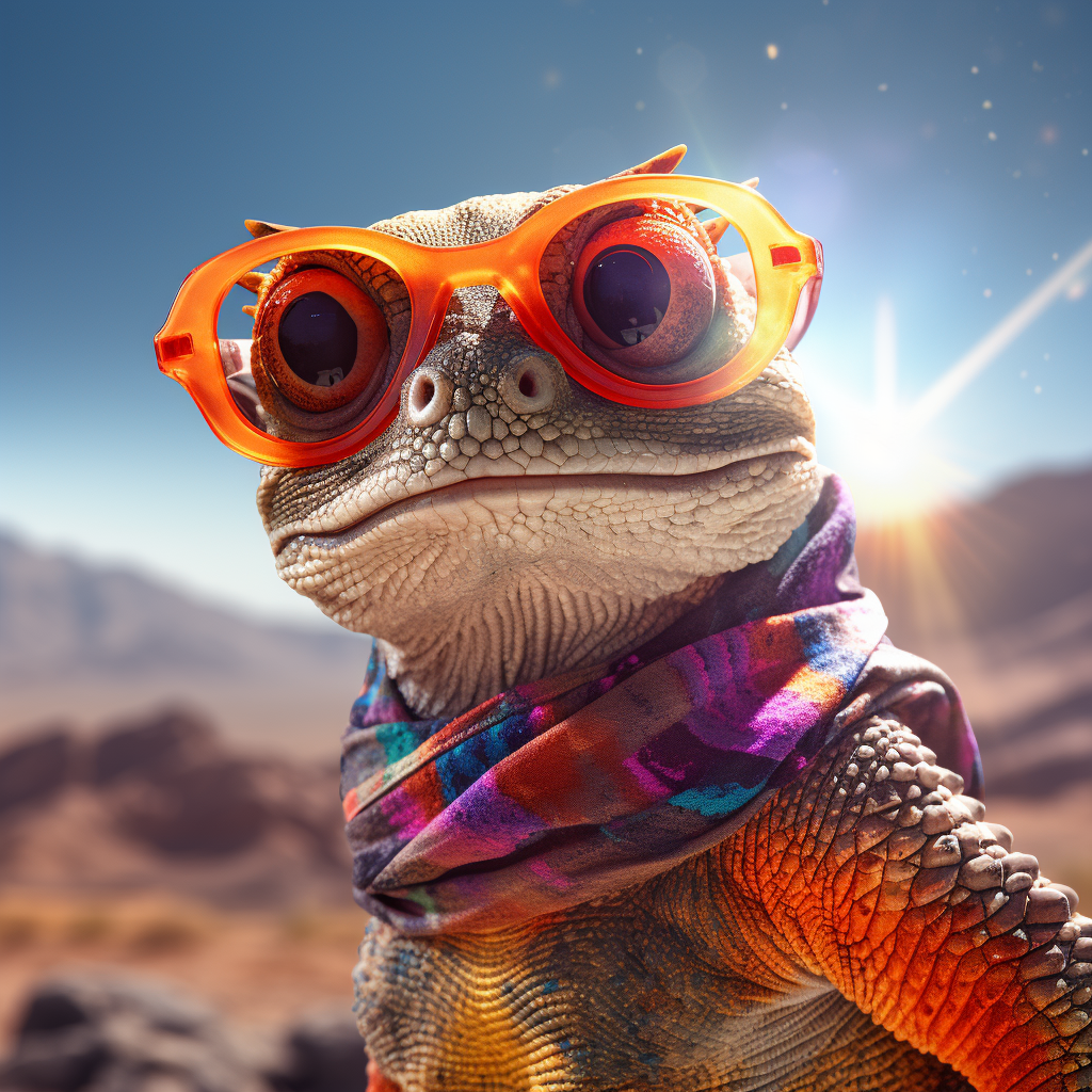 Gecko wearing neon sunglasses at a rave