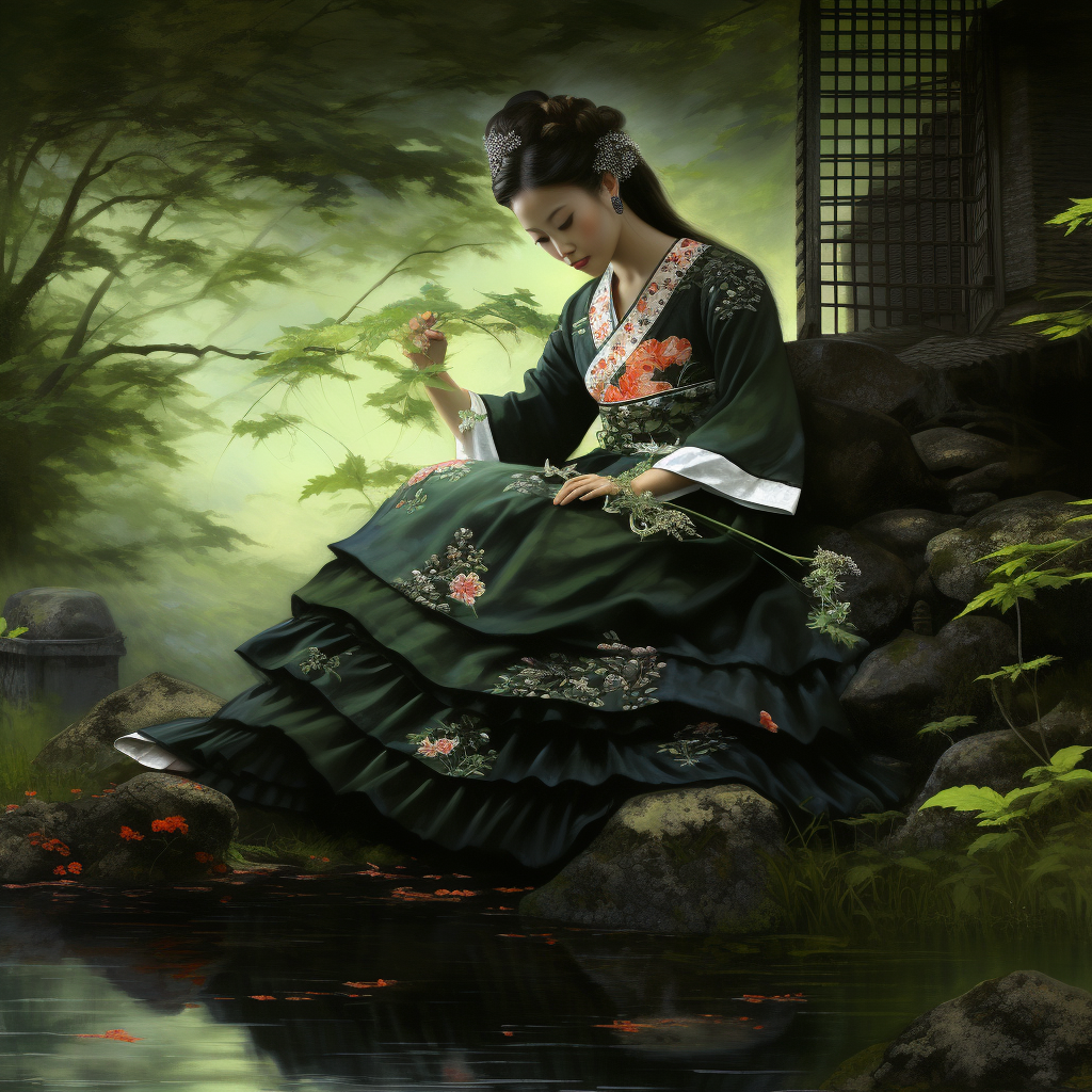 Geisha in green rural environment with trees and shrubs