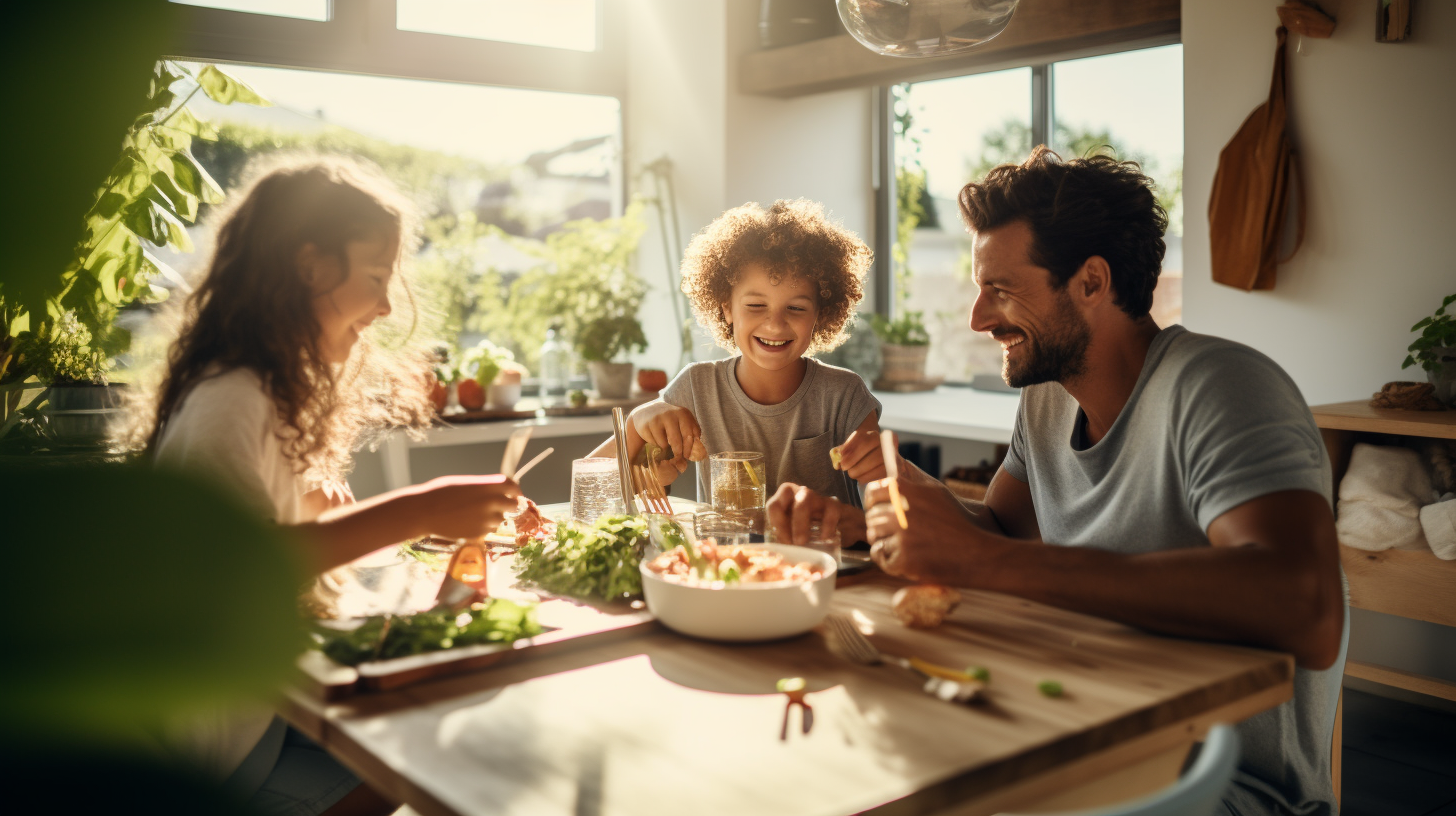 Gen Z friends with baby eating penne