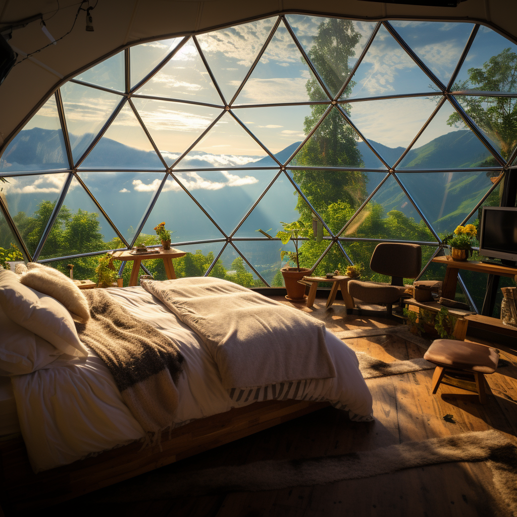 Geodome interior with stunning mountain views