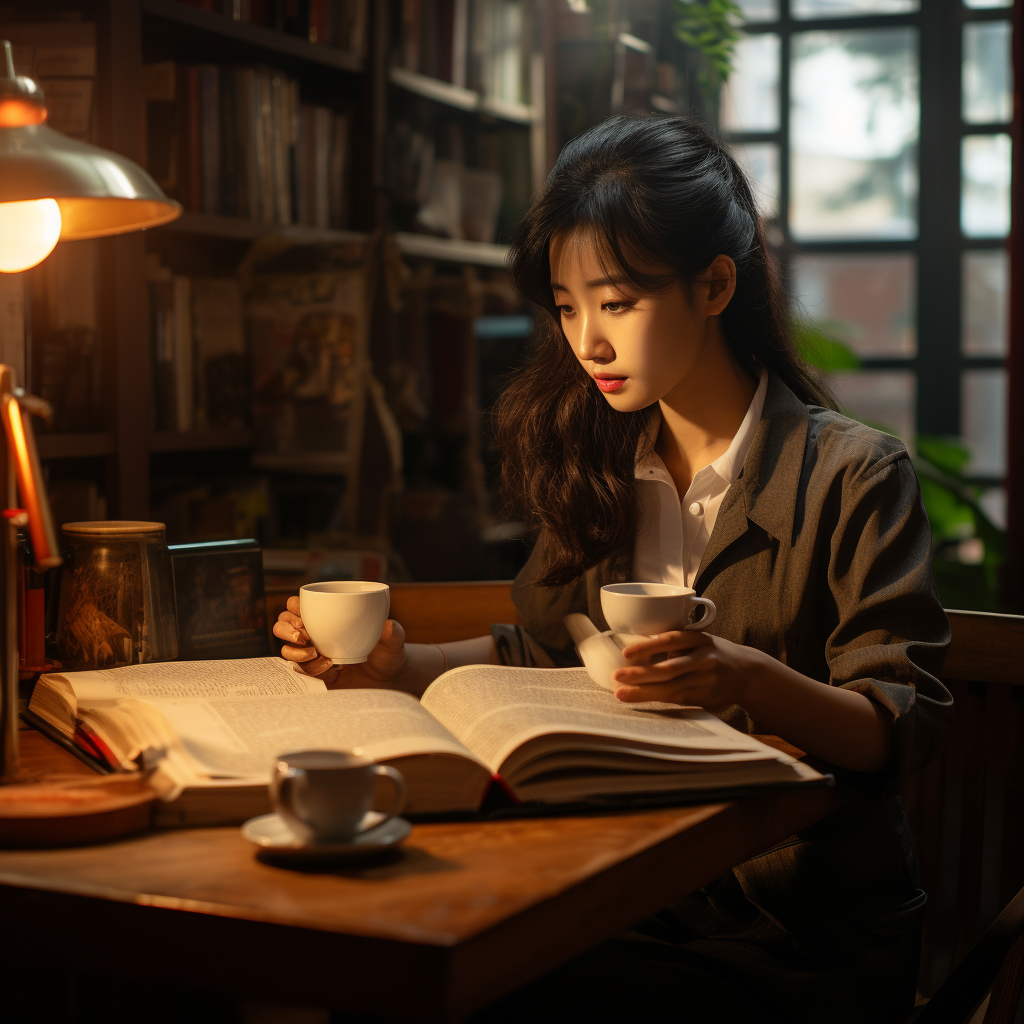 Young woman studying German with coffee