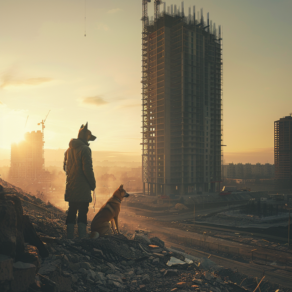 German Shepherd overseeing construction with owner