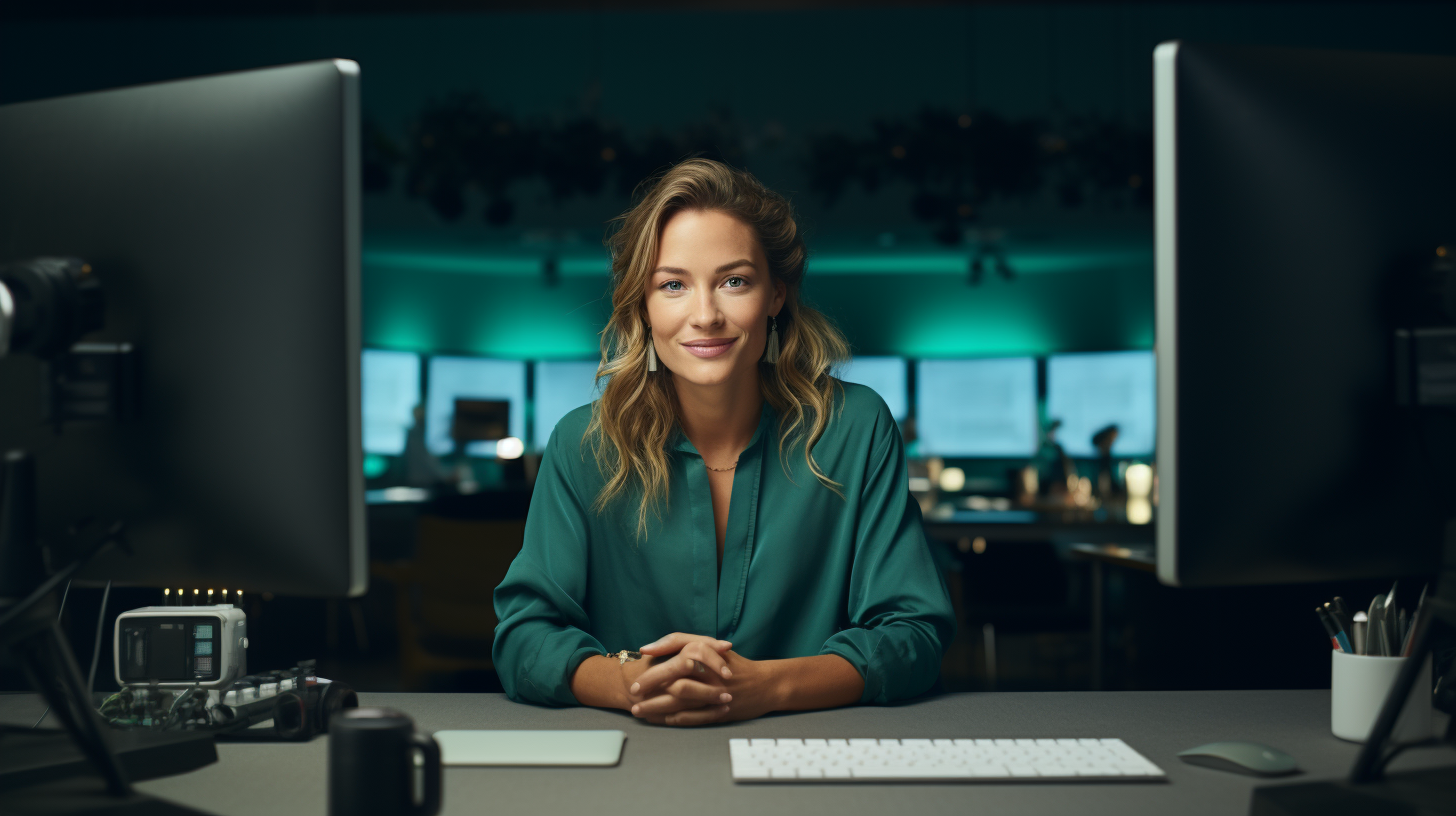 German woman giving interview at desk