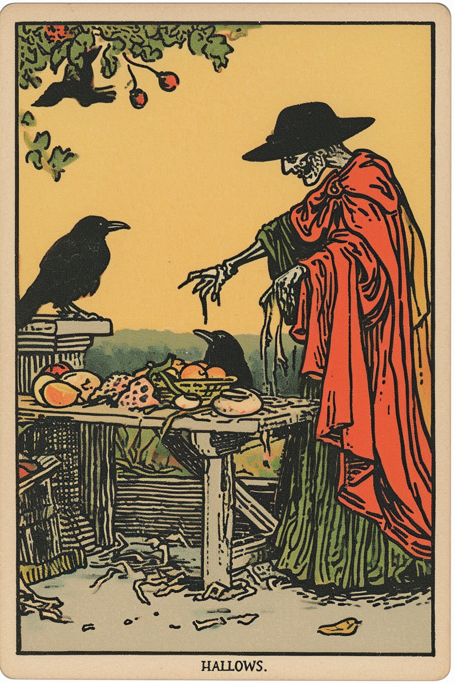 Spooky ghoul near table with rotten food and crows