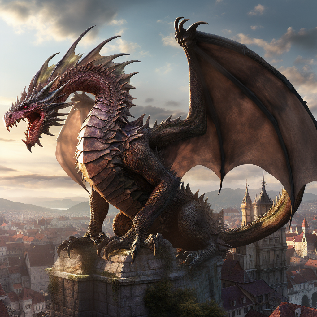 Giant dragon crushing medieval city