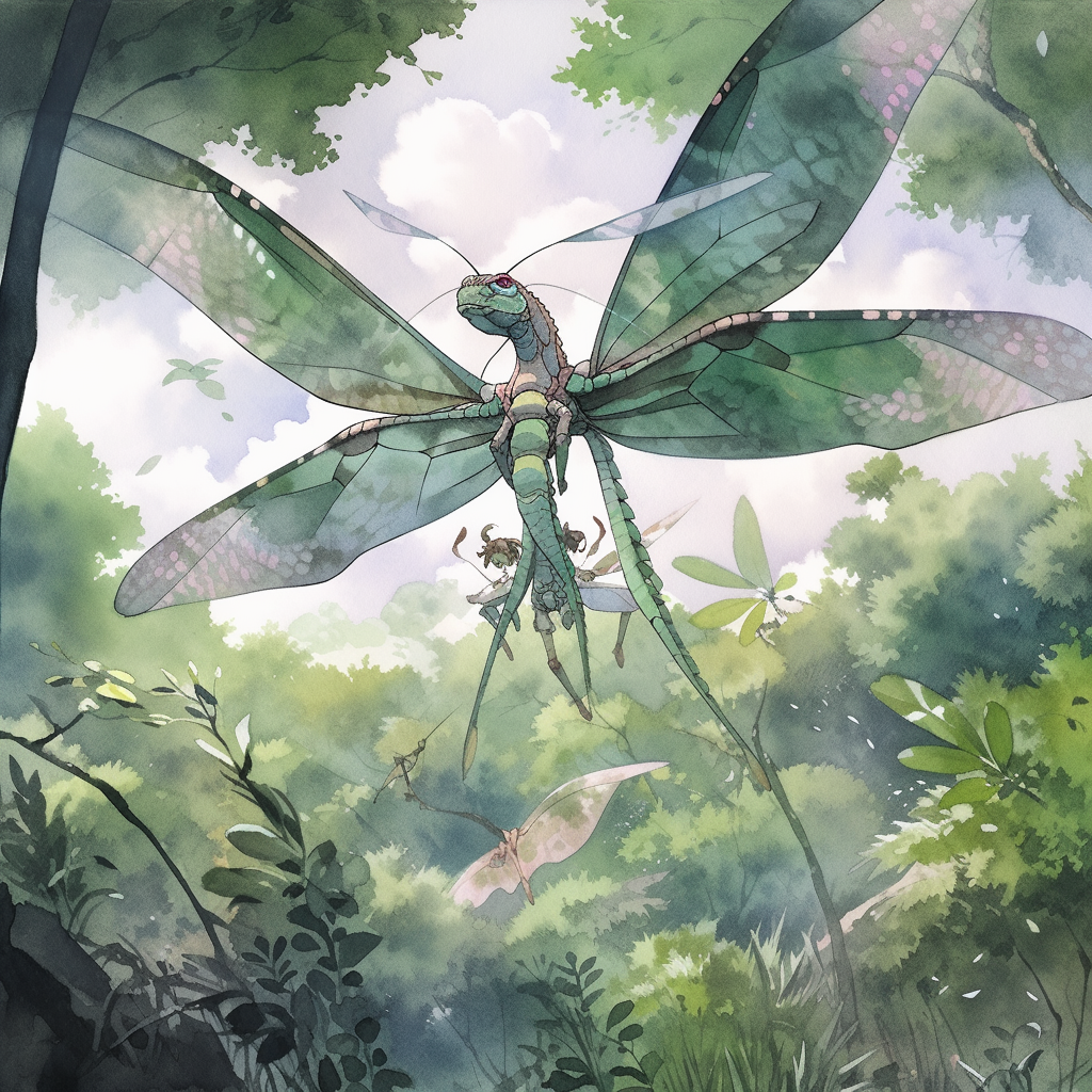 Beautiful Giant Dragonfly in Ghibli-style Watercolour