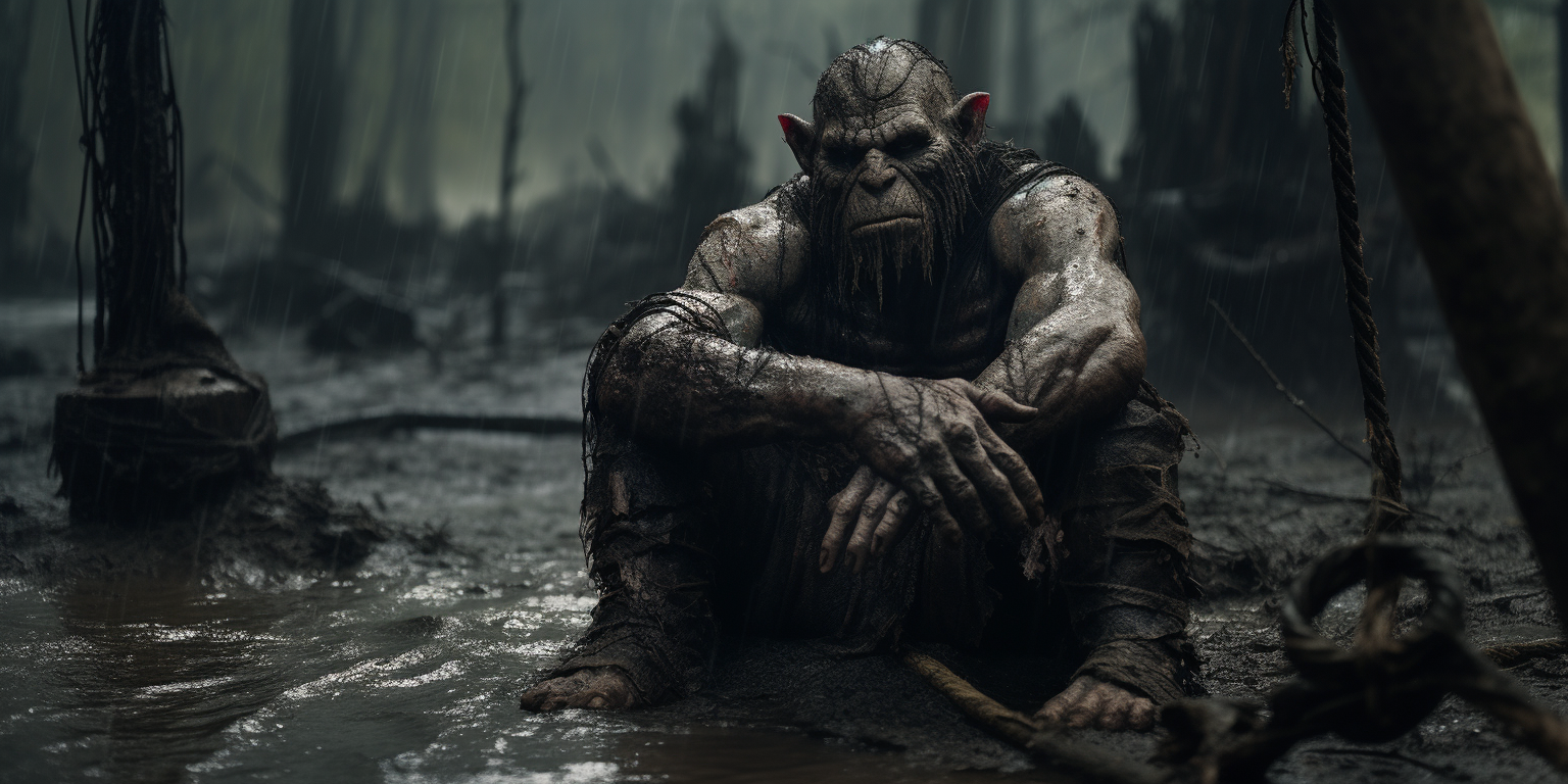 Grimdark orc chained in muddy swamp